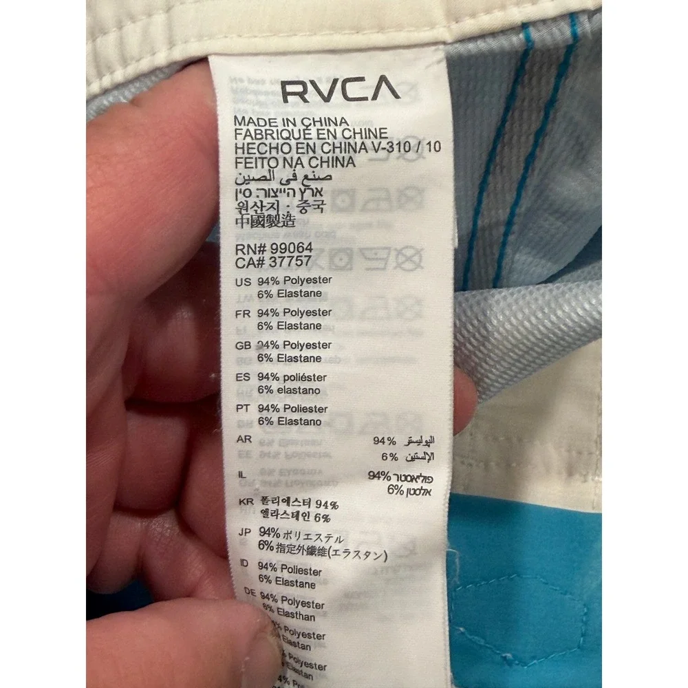 RVCA Board Shorts Mens 34 Turquoise Blue Shark Fin Print Stretch Surf Swim Trunk
